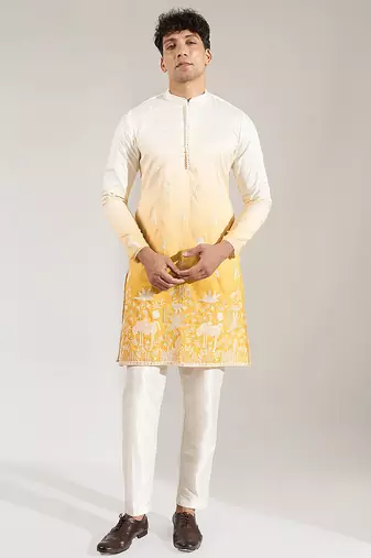 Yellow Ombre embroidered silk kurta pajama