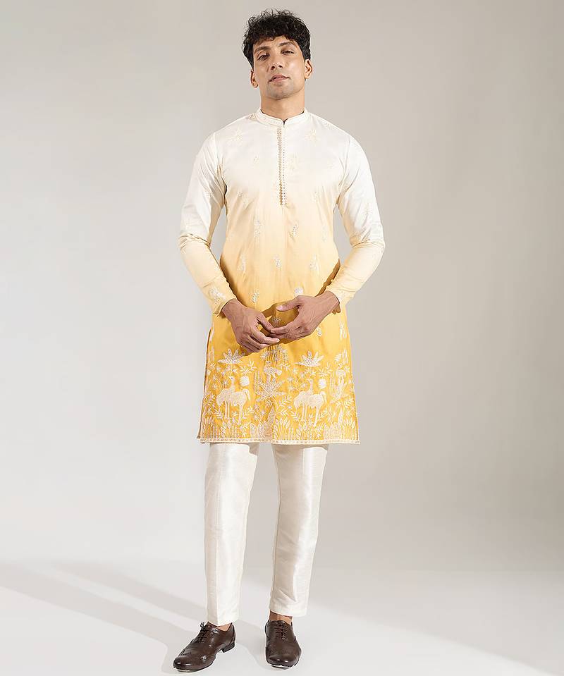 Yellow Ombre embroidered silk kurta pajama