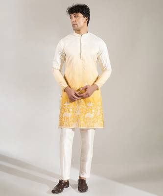 Yellow Ombre embroidered silk kurta pajama 2