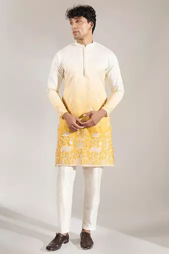 Yellow Ombre embroidered silk kurta pajama