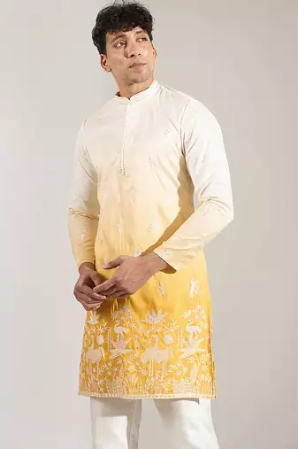 Yellow Ombre embroidered silk kurta pajama
