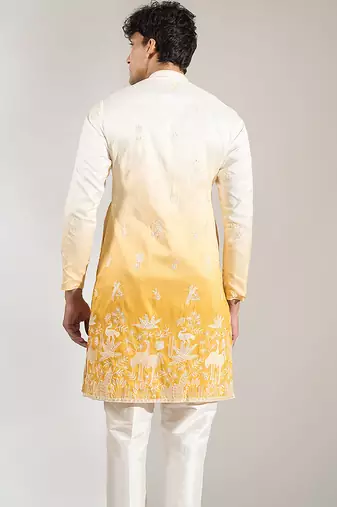 Yellow Ombre embroidered silk kurta pajama