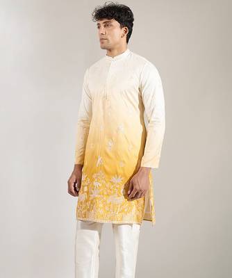 Yellow Ombre embroidered silk kurta pajama 5