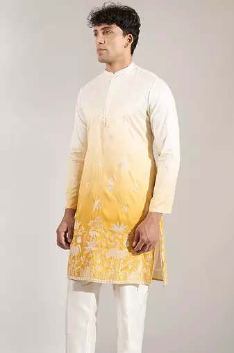 Yellow Ombre embroidered silk kurta pajama