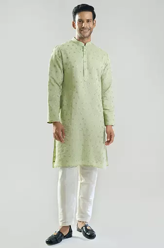Green embroidered silk kurta pajama