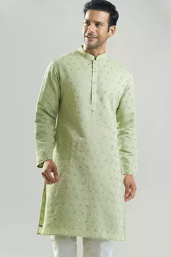 Green embroidered silk kurta pajama