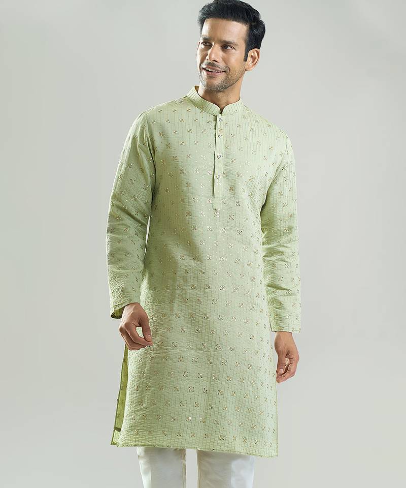Green embroidered silk kurta pajama