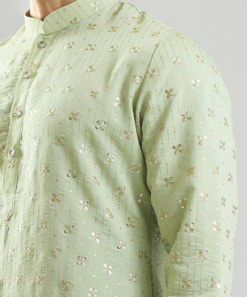 Green embroidered silk kurta pajama
