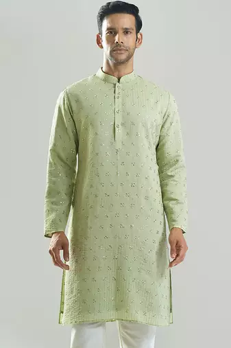 Green embroidered silk kurta pajama