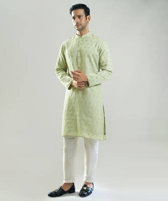 Green embroidered silk kurta pajama 5
