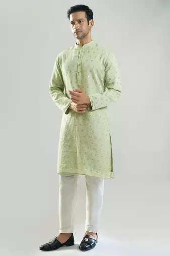 Green embroidered silk kurta pajama
