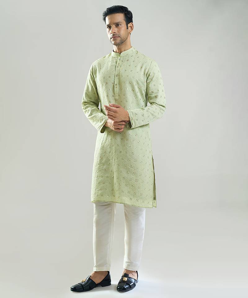 Green embroidered silk kurta pajama