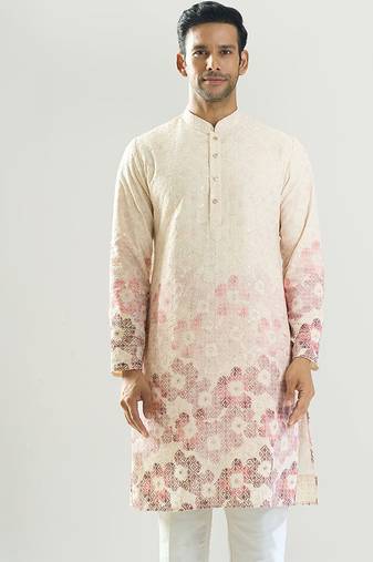 White embroidered cotton silk kurta pajama