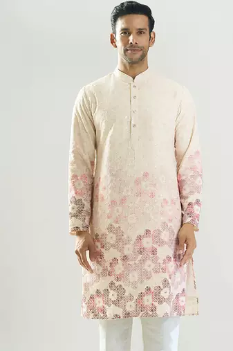 White embroidered cotton silk kurta pajama