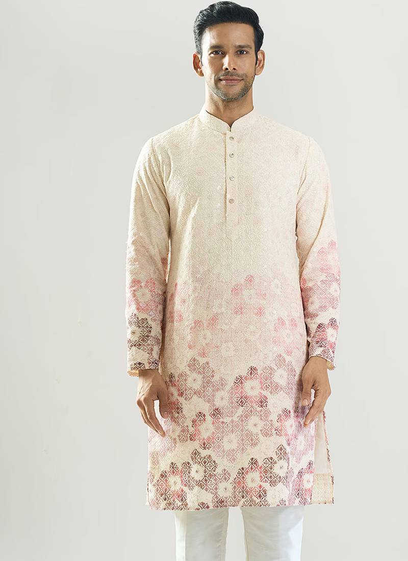 White embroidered cotton silk kurta pajama