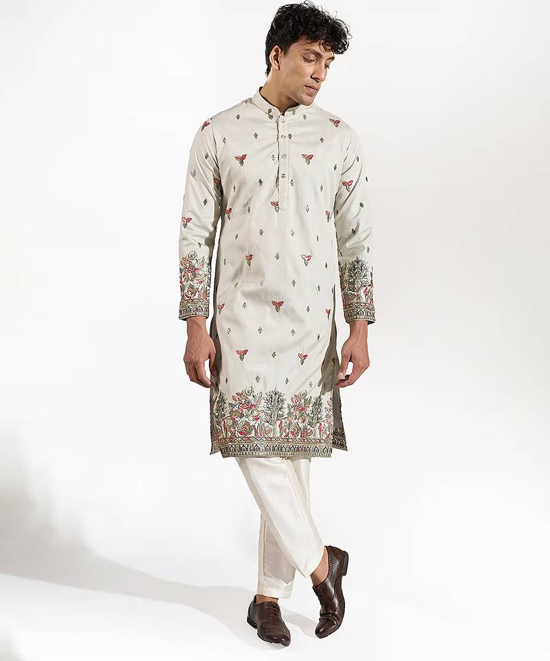 Green embroidered silk kurta pajama