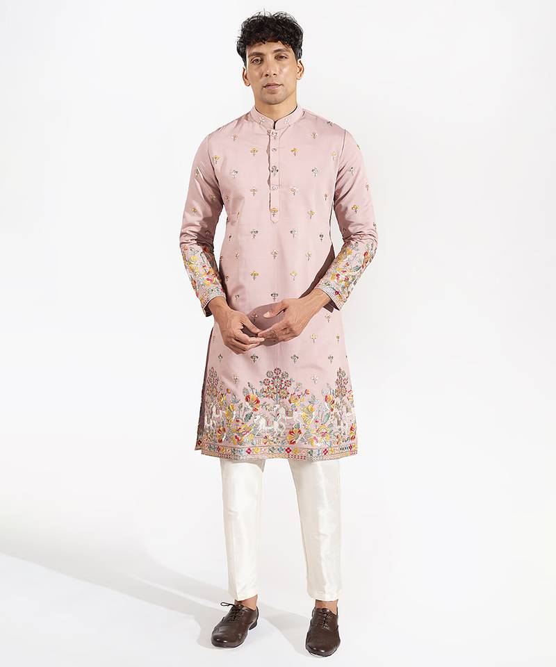Pink embroidered silk kurta pajama