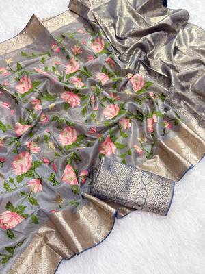 Light Grey Color Floral Tissue Saree 1