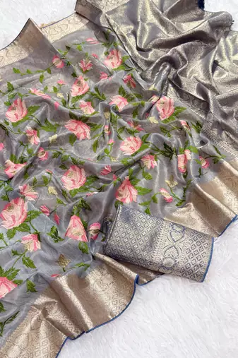 Light Grey Color Floral Tissue Saree