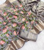 Light Grey Color Floral Tissue Saree
