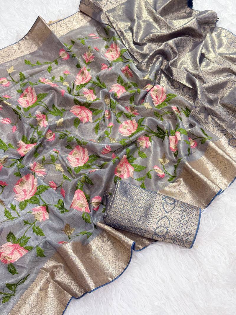 Light Grey Color Floral Tissue Saree