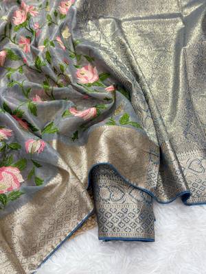 Light Grey Color Floral Tissue Saree 2