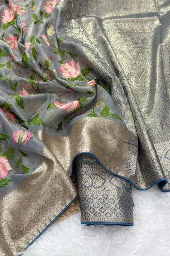 Light Grey Color Floral Tissue Saree