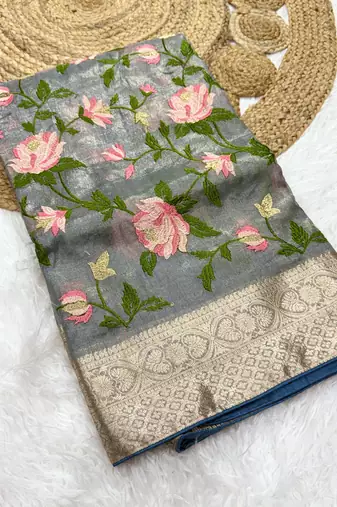 Light Grey Color Floral Tissue Saree