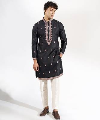 Black embroidered cotton silk kurta pajama 1
