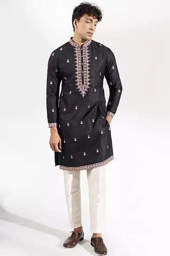 Black embroidered cotton silk kurta pajama