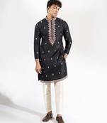 Black embroidered cotton silk kurta pajama