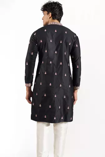 Black embroidered cotton silk kurta pajama