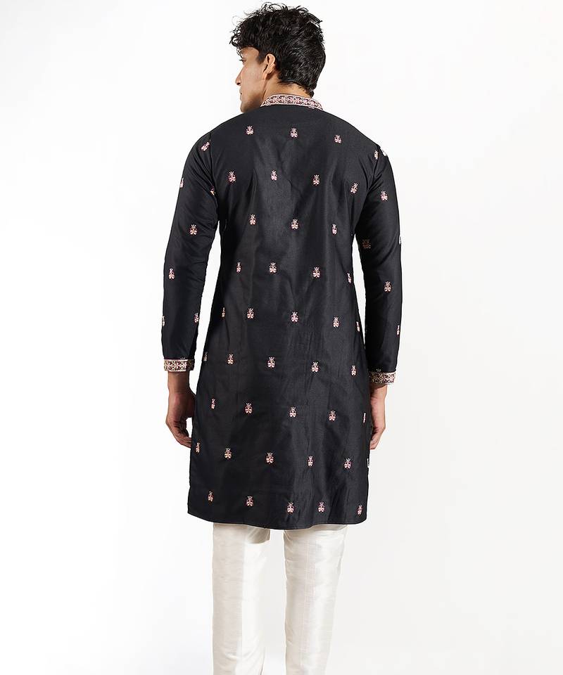 Black embroidered cotton silk kurta pajama