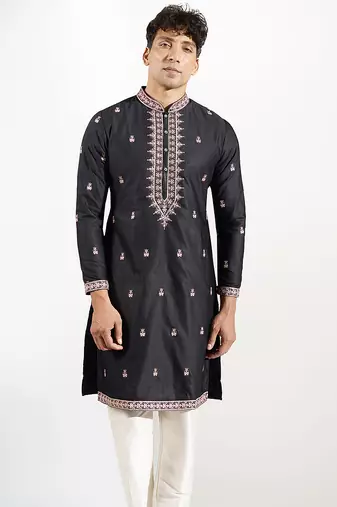 Black embroidered cotton silk kurta pajama