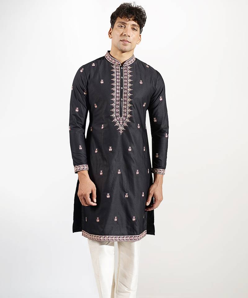 Black embroidered cotton silk kurta pajama