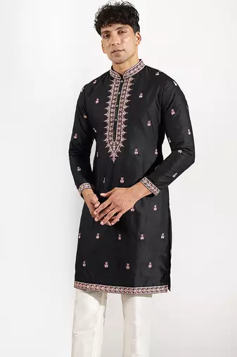 Black embroidered cotton silk kurta pajama