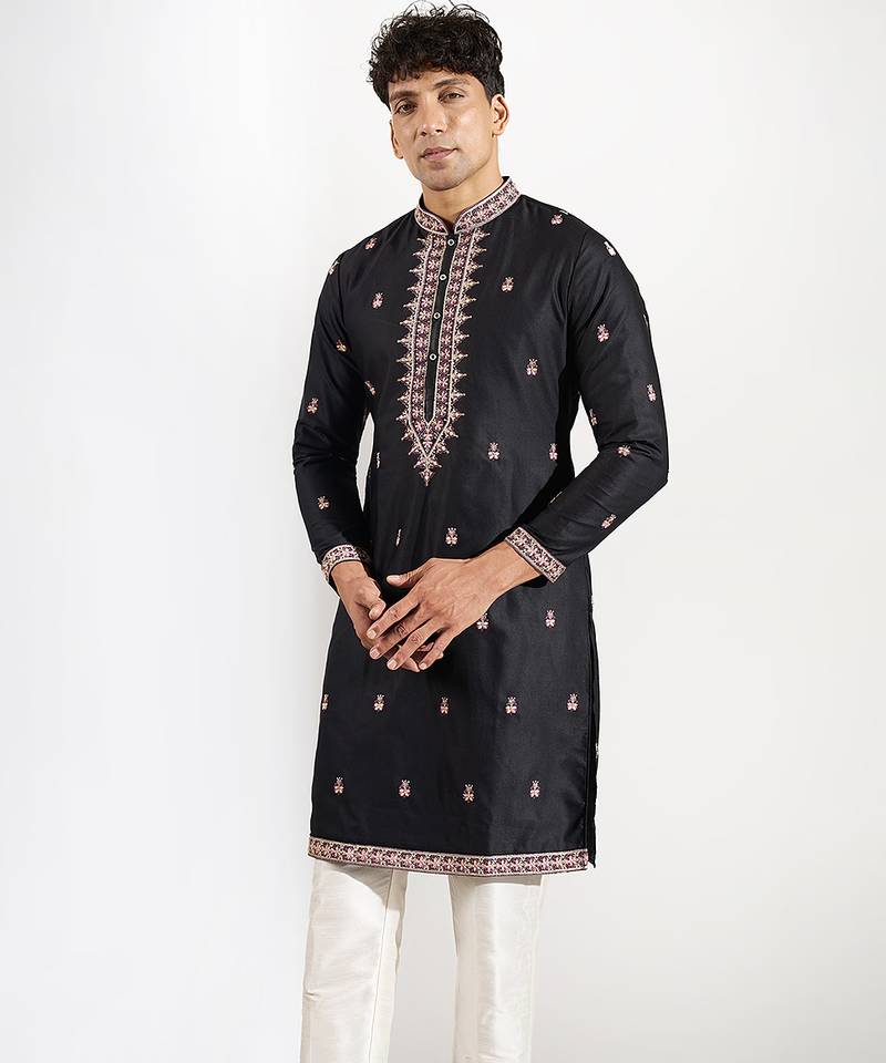 Black embroidered cotton silk kurta pajama