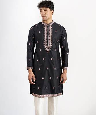 Black embroidered cotton silk kurta pajama 5