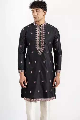 Black embroidered cotton silk kurta pajama