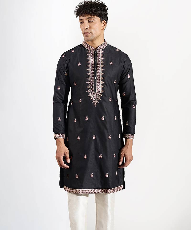 Black embroidered cotton silk kurta pajama