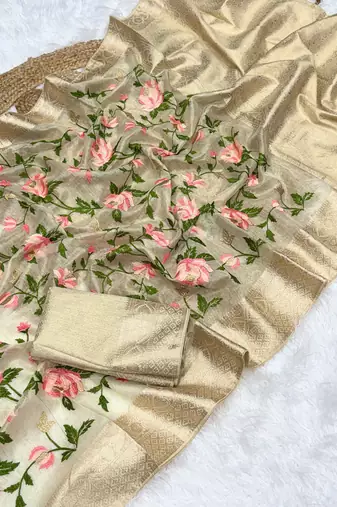 Light Yellow Color Floral Tissue Saree