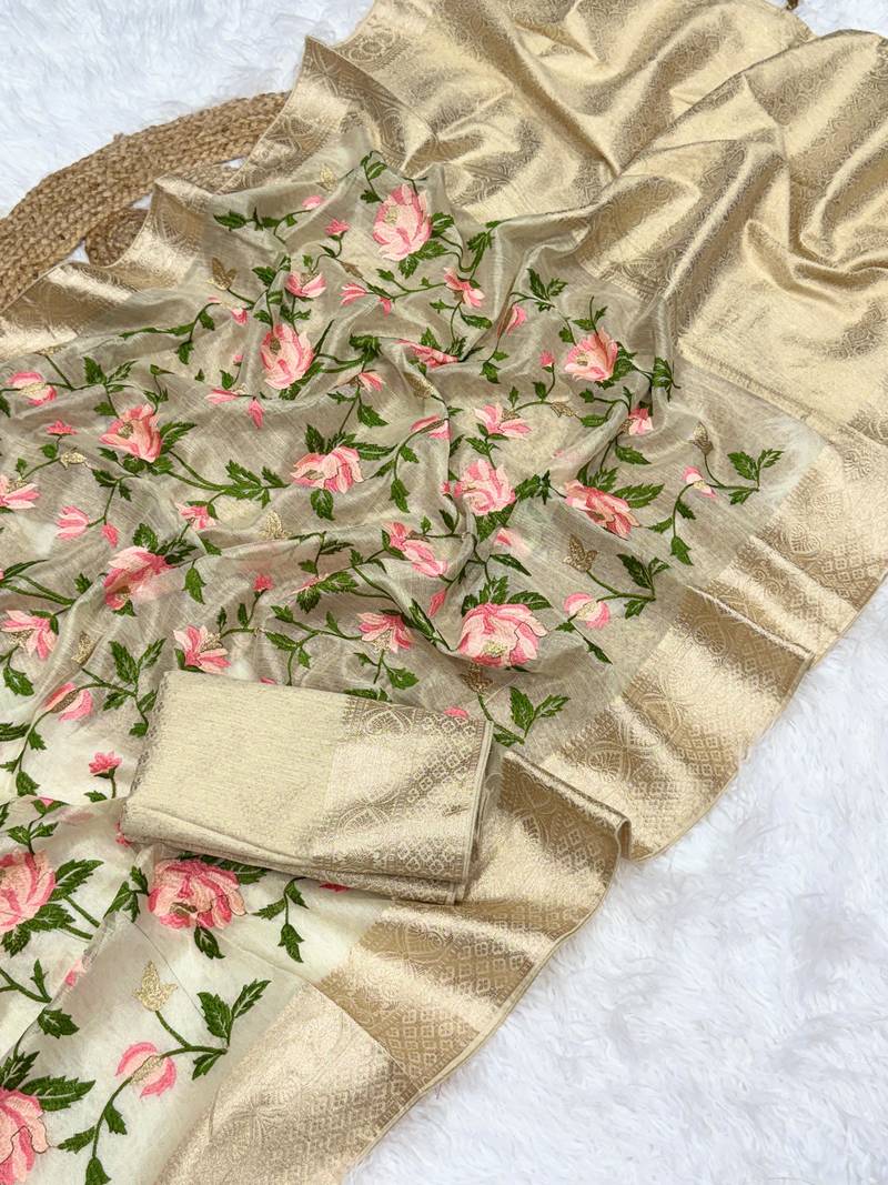 Light Yellow Color Floral Tissue Saree