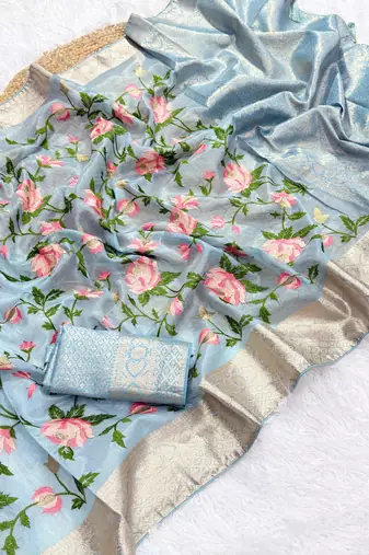 Blue Color Floral Tissue Saree