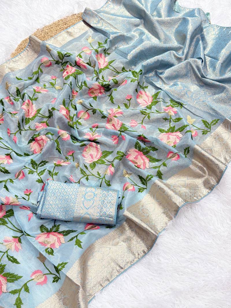 Blue Color Floral Tissue Saree
