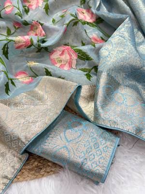 Blue Color Floral Tissue Saree 2