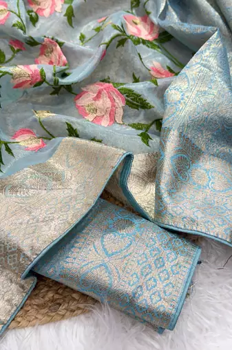 Blue Color Floral Tissue Saree