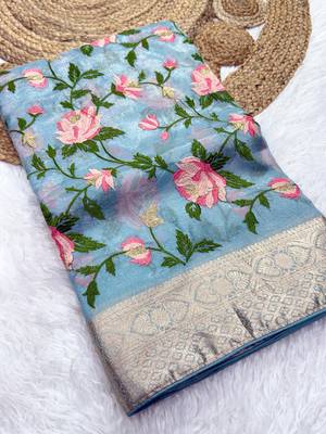 Blue Color Floral Tissue Saree 3
