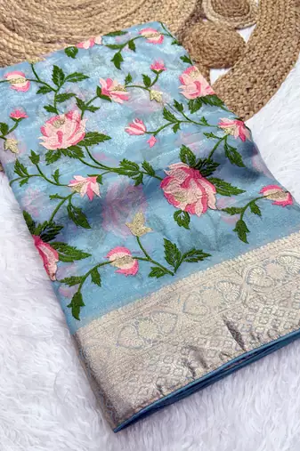 Blue Color Floral Tissue Saree