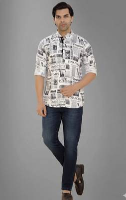 Men's newspaper print short kurta pyjama set 1