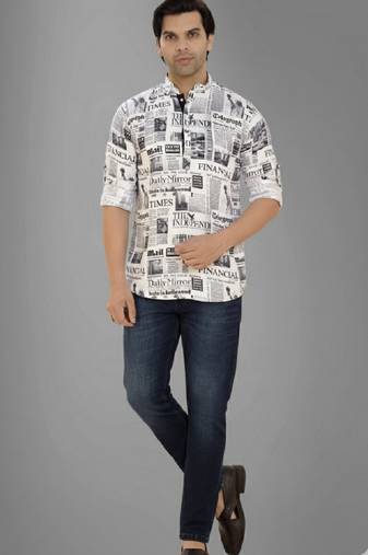 Men's newspaper print short kurta pyjama set